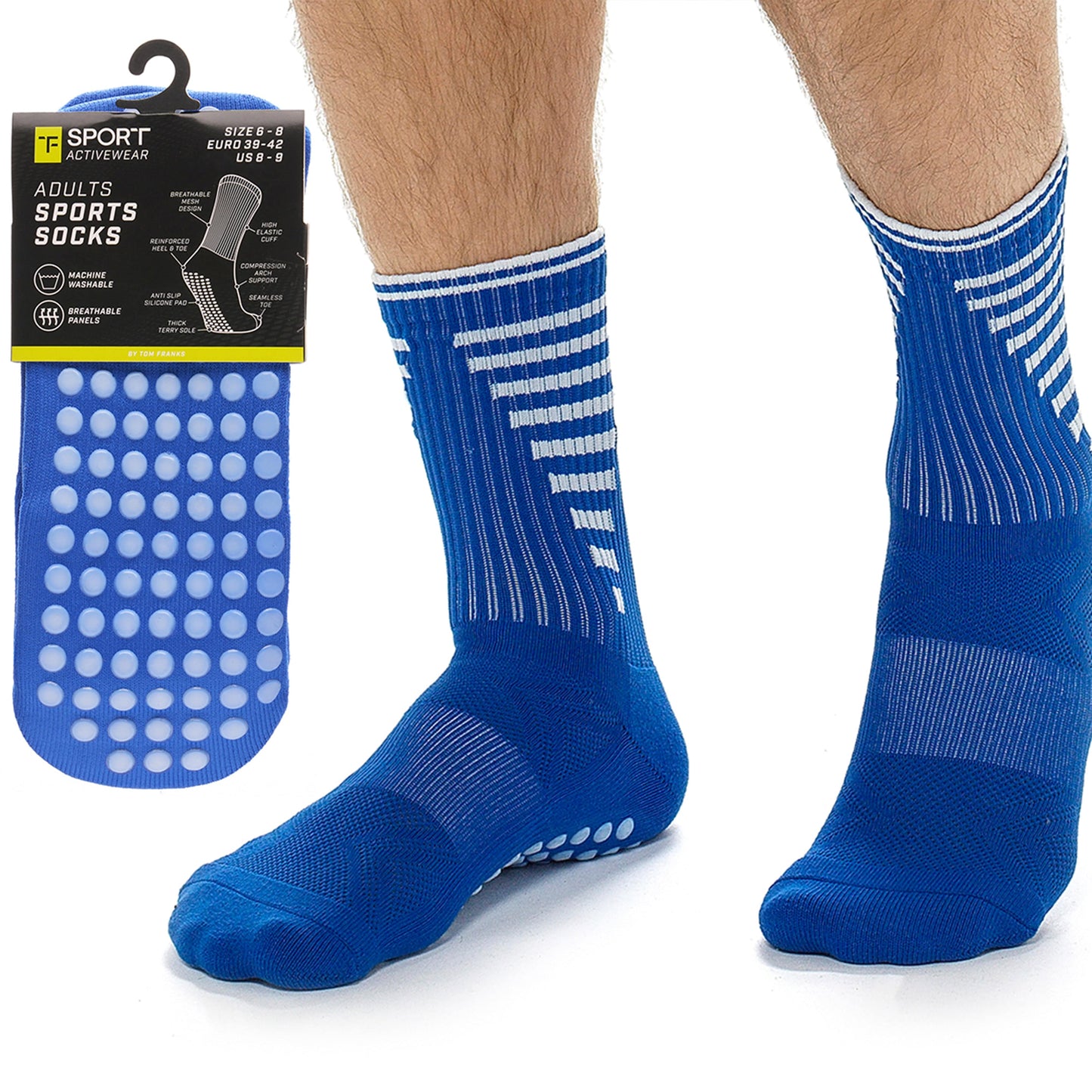 3 Pairs Blue Anti Slip Football Grip Socks for Men Sports Socks for Gym Running Yoga Trekking Hiking by Sock Stack