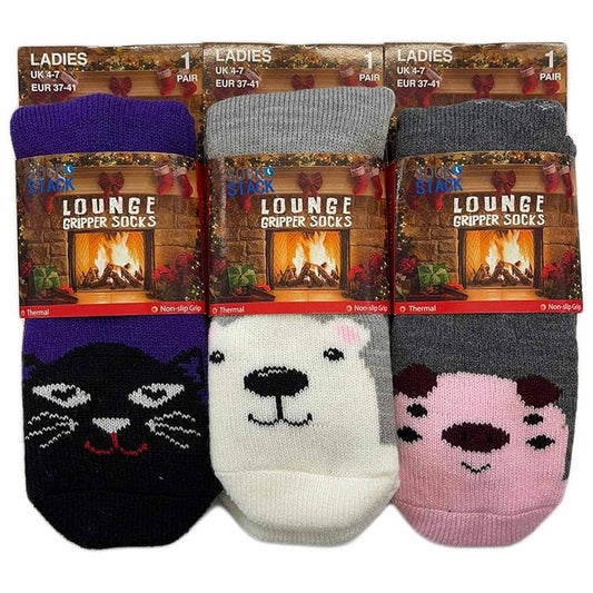 3 Pairs Women's Thermal Slipper Socks Adorable Animal Designs Polar Bears Kittens Perfect for Winter Lounging Gift Giving UK 4-7 EU 37-40 by Sock Stack
