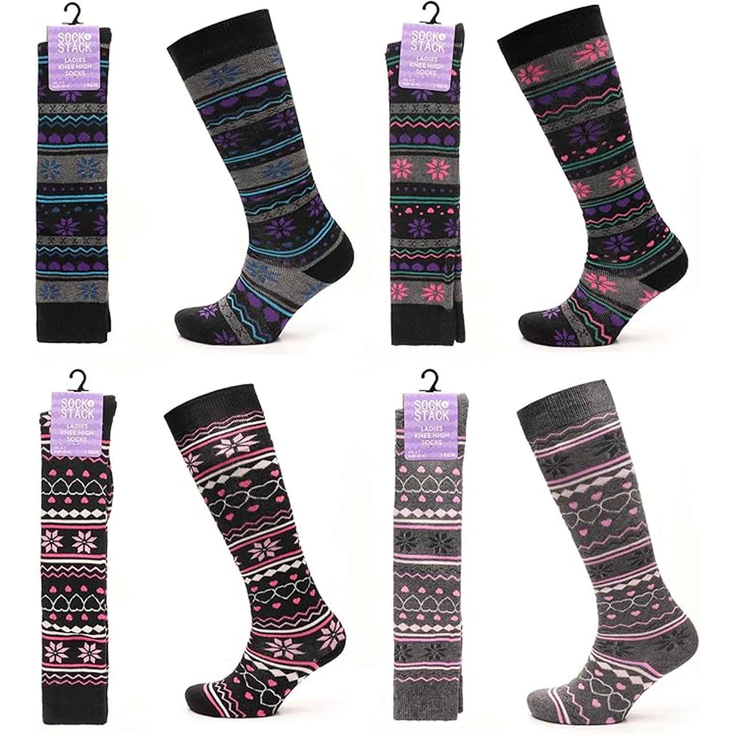 4 Pairs Ladies Ski Boot Socks Knee Length Cotton Rich with Full Cushioning and Thermal Insulation for Warmth and Comfort Fair Isle Pattern Fits Sizes 4-7 by Sock Stack