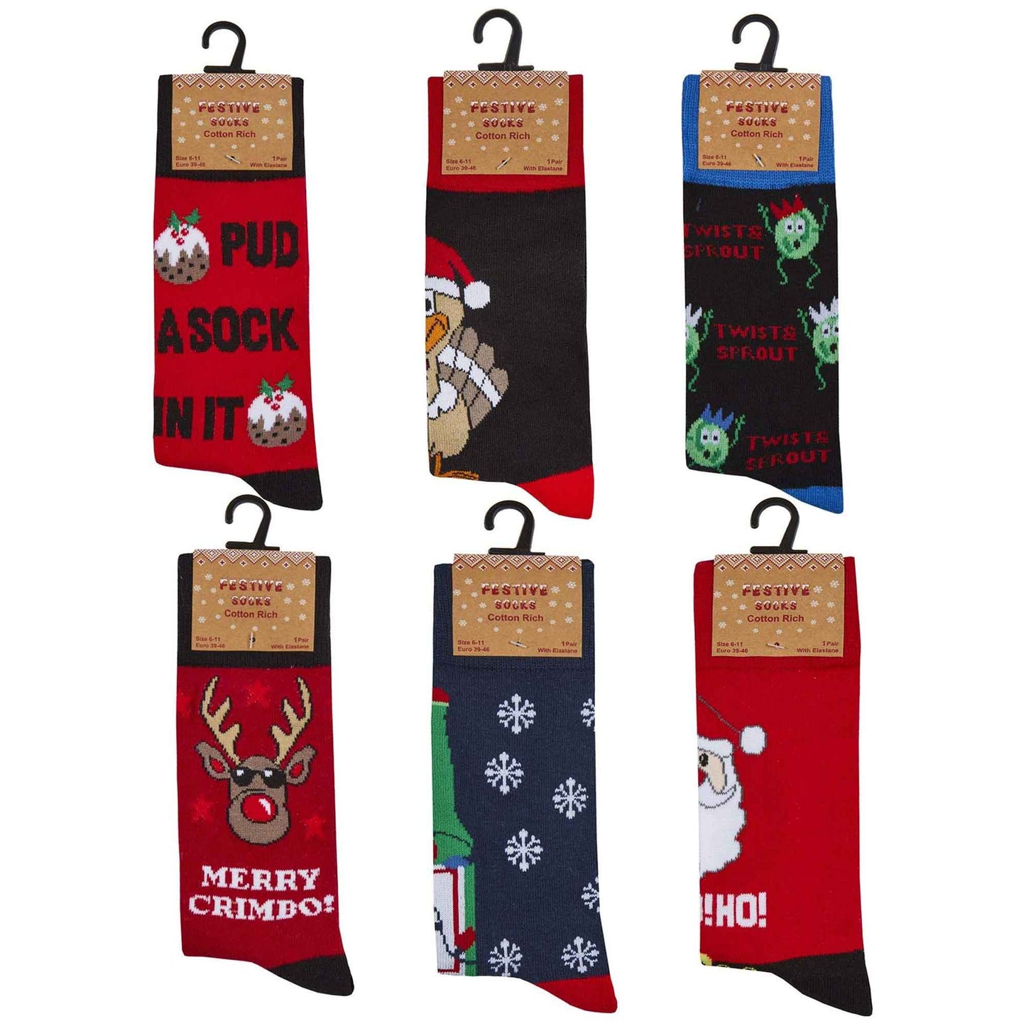 6 Pairs Men's Christmas Socks Collection Novelty Festive Designs Cotton Rich Santa Rudolph Beer Xmas Pudding Comfortable Holiday Socks by Sock Stack UK 6-11 EUR 39-45