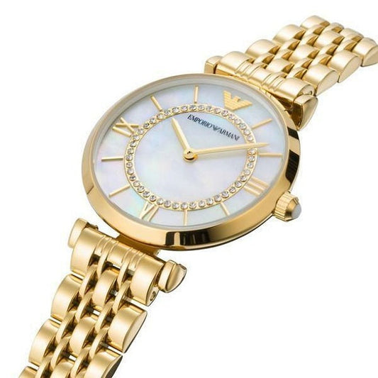 Emporio Armani Women’s Watch Stainless Steel Gold Strap With Mother of Pearl Dial AR1907 Gianni T-Bar