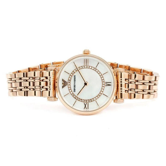 Emporio Armani Women’s Watch Stainless Steel Rose Gold Strap With Mother of Pearl Dial AR1909 Gianni T-Bar