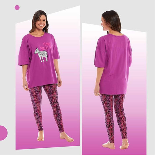 Ladies Oversized Cotton T-Shirt and Leggings PJ Set with Giraffe and Zebra Prints Comfortable and Stylish Womens Loungewear by Daisy Dreamer