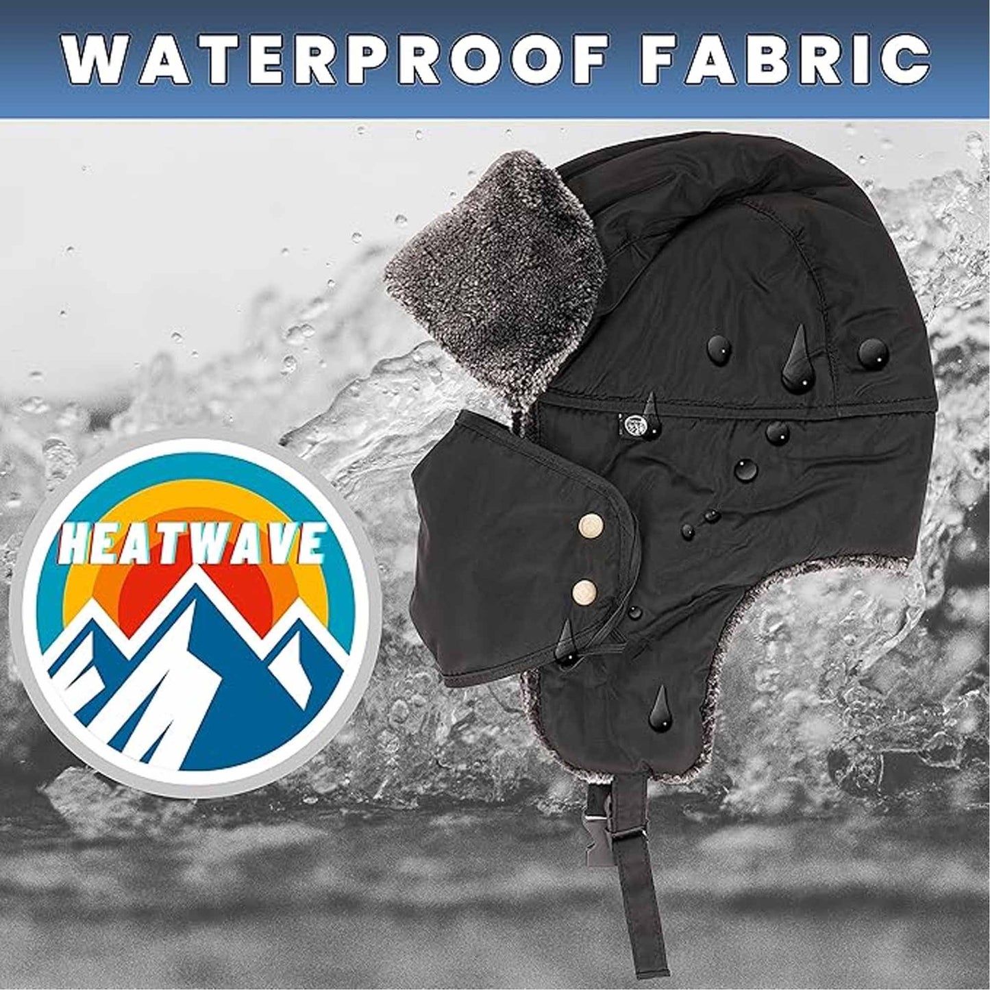 Men's 3 In 1 Waterproof Trapper Hat Face Mask Neck Warmer Ear Flaps Windproof Snowproof Winter Hat for Skiing Snowboarding Outdoor Faux Fur Lining Breathable Polyester One Size Black by Heatwave Thermalwear
