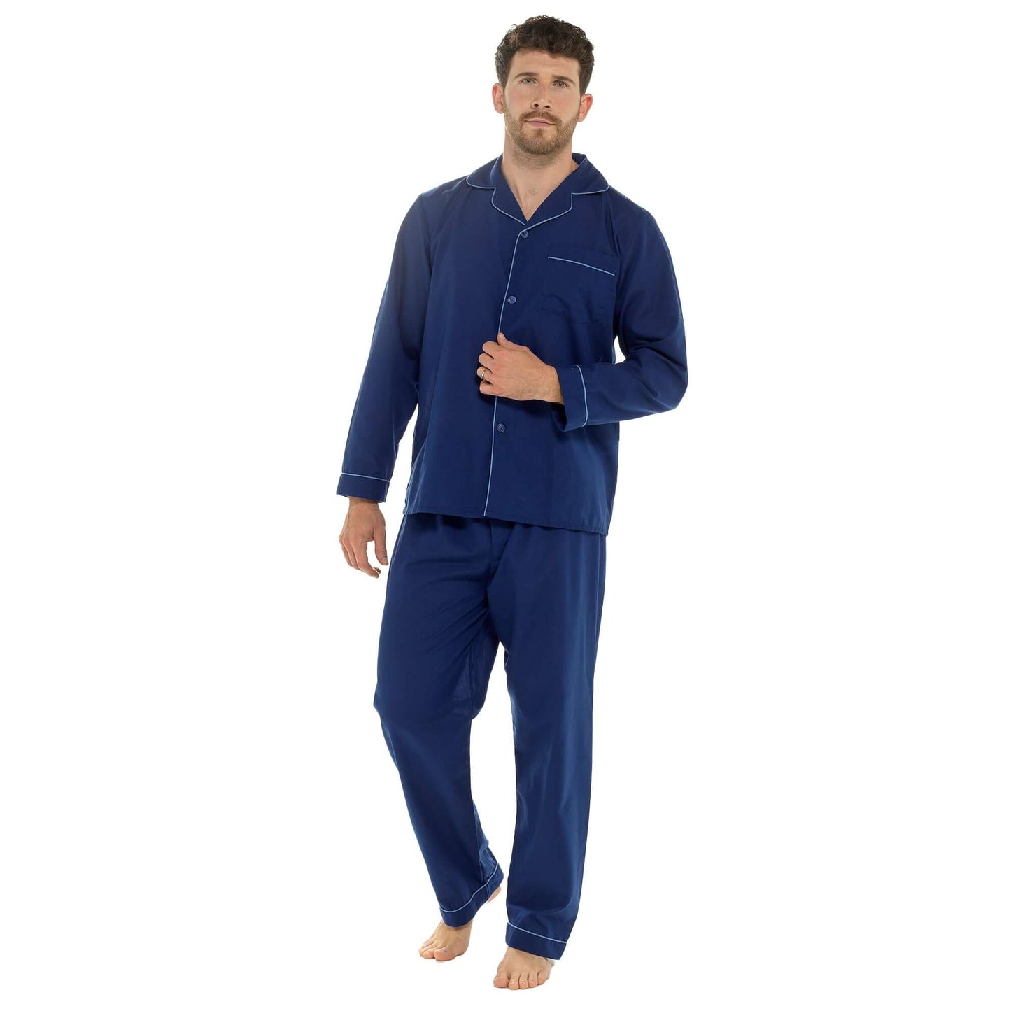 Men's Classic Navy Woven Pyjama Set Long Sleeve Button Top & Bottoms Easy Care Nightwear Sleepwear by Sock Stack