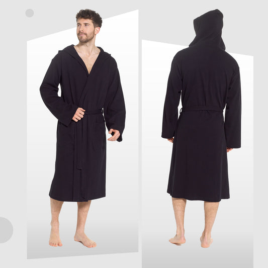 Men’s Hooded Waffle Cotton Bathrobe Black Super Absorbent Spa Robe Luxury Dressing Gown for Home & Loungewear by Sock Stack