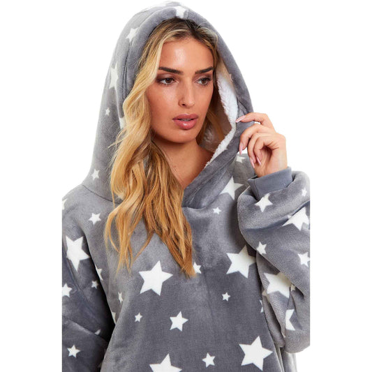 Oversized Grey Stars Hooded Blanket Ultra Soft Sherpa Fur Lining Plush Flannel Loungewear One Size Fits All for Adults and Kids by Daisy Dreamer
