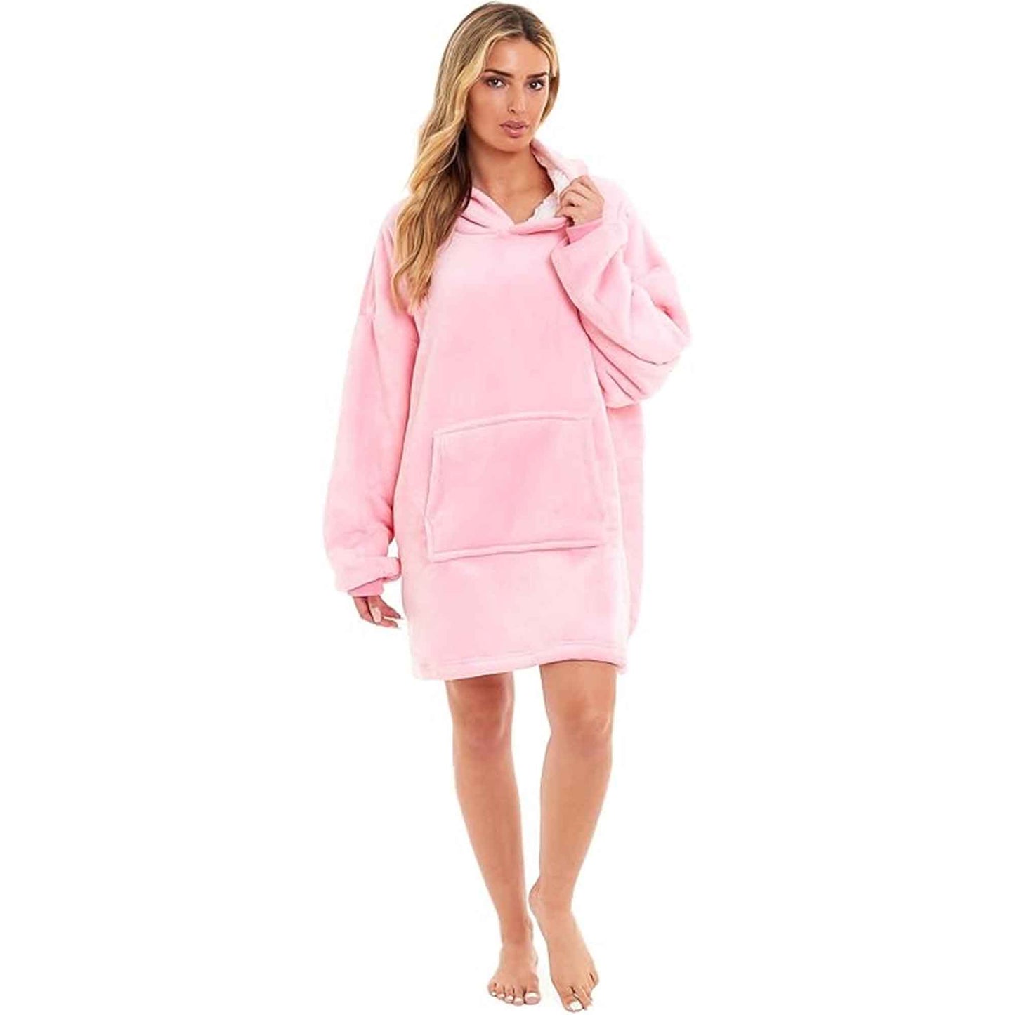 Oversized Hooded Blanket Sweatshirt Plush Sherpa Fur Grey Pink Giant Hoodie for Adults and Kids with Elastic Cuffs and Pocket by Daisy Dreamer