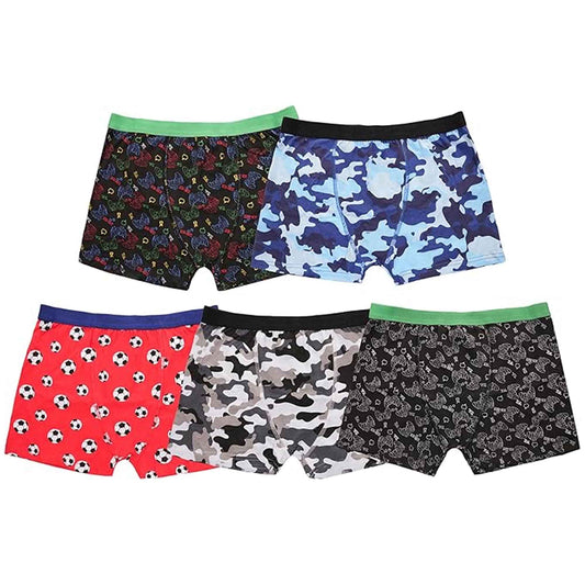 Pack of 5 Boys Boxer Shorts Cotton Rich Football Army Gamer Designs Elastic Waistband Comfortable Underwear for Active Kids by Sock Stack