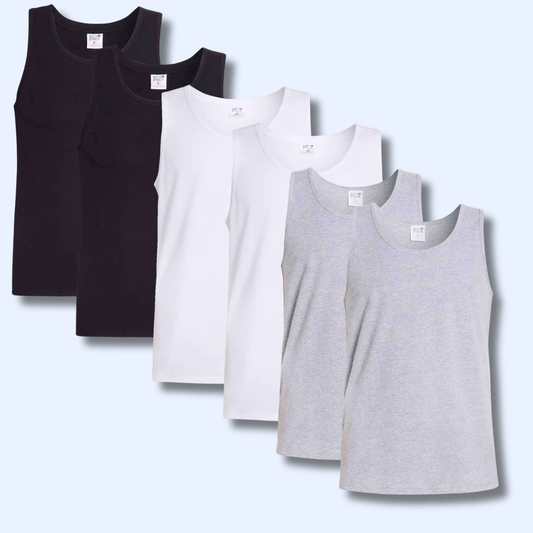 Pack of 6 Men's Cotton Blend Gym Muscle Vests Fitted Lightweight Comfortable Breathable Summer Wear Sizes S to XXL Available in Black Grey Navy White by Sock Stack