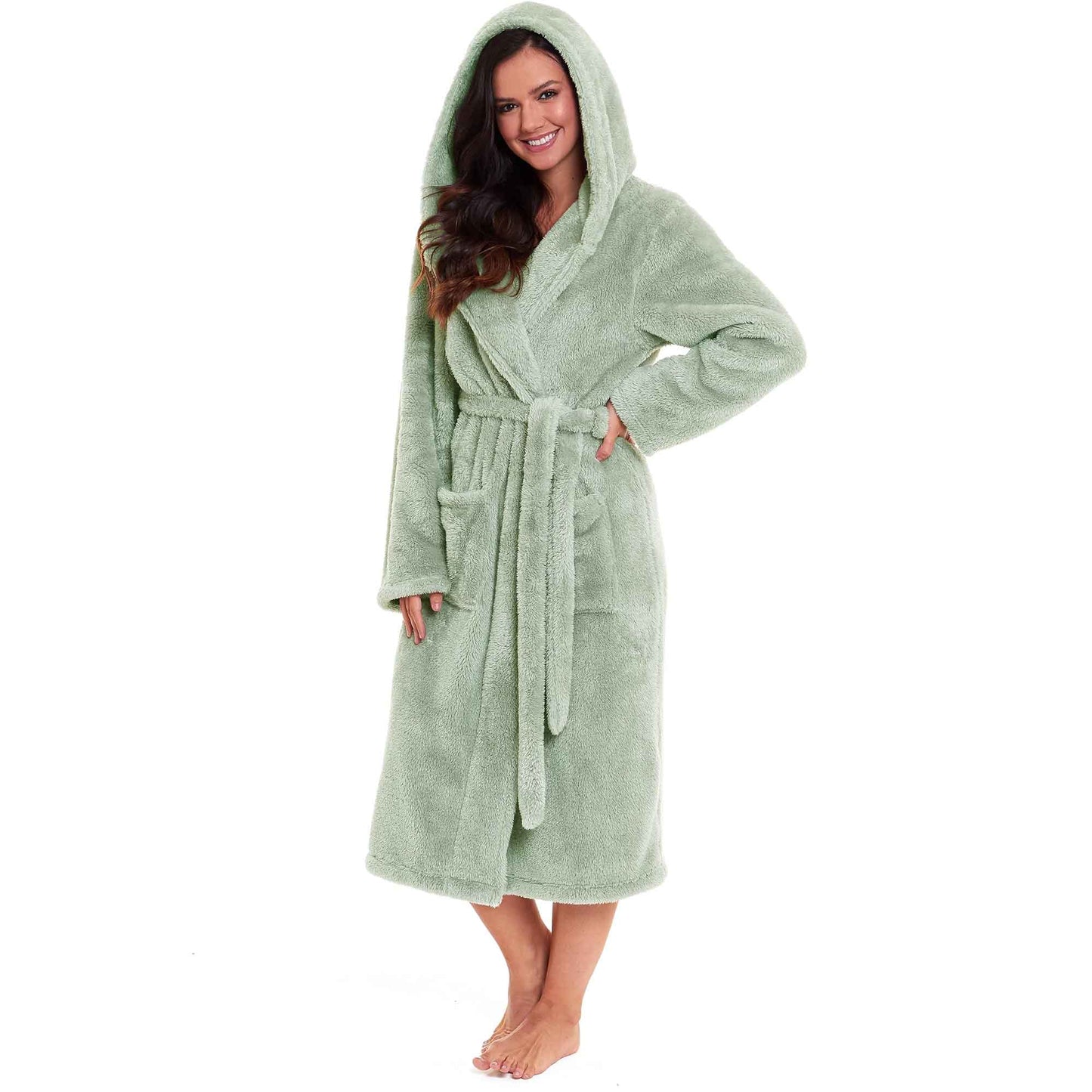 Women's Sage Green Snuggle Fleece Touch Hooded Robe Luxurious Soft Loungewear Cosy Durable Dressing Gown UK Sizes 8-22 by Daisy Dreamer