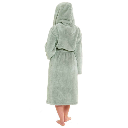 Women's Sage Green Snuggle Fleece Touch Hooded Robe Luxurious Soft Loungewear Cosy Durable Dressing Gown UK Sizes 8-22 by Daisy Dreamer