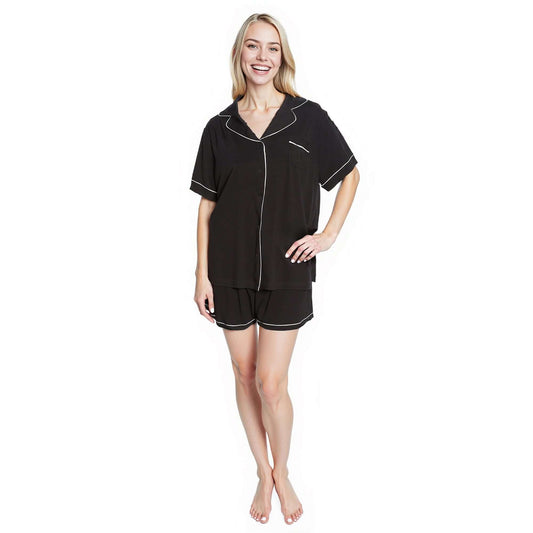 Women's Black Short Pyjama Set Super Soft Sleepwear Nightwear Button Up Top and Shorts with Pockets PJs by Daisy Dreamer