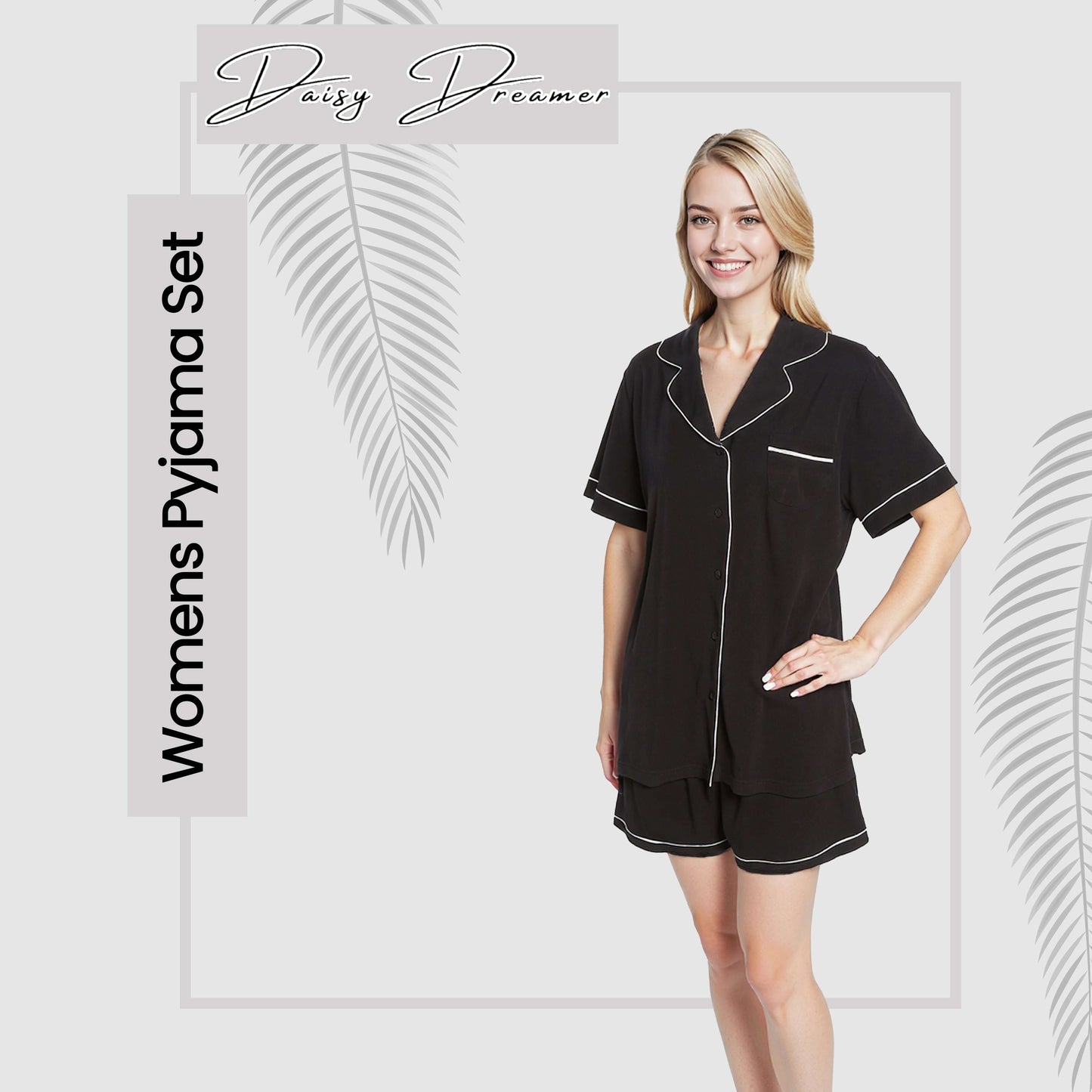 Women's Black Short Pyjama Set Super Soft Sleepwear Nightwear Button Up Top and Shorts with Pockets PJs by Daisy Dreamer