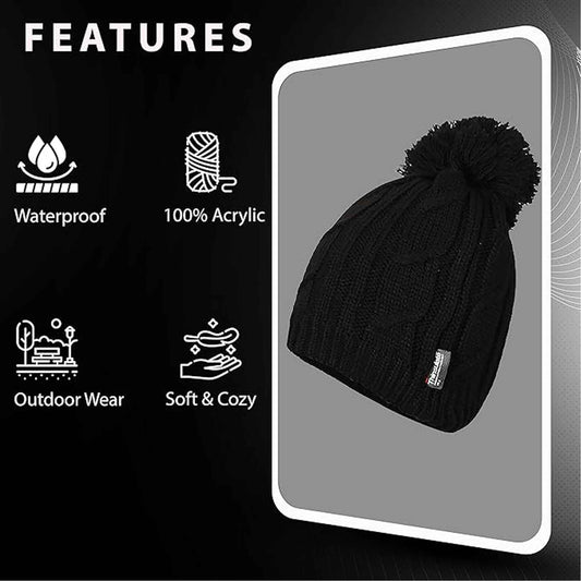 Women's Chunky Cable Knit Beanie Hat with 3M Thinsulate Insulation and Pom Pom Waterproof Winter Hat in Black Purple Cream and Navy by Sock Stack