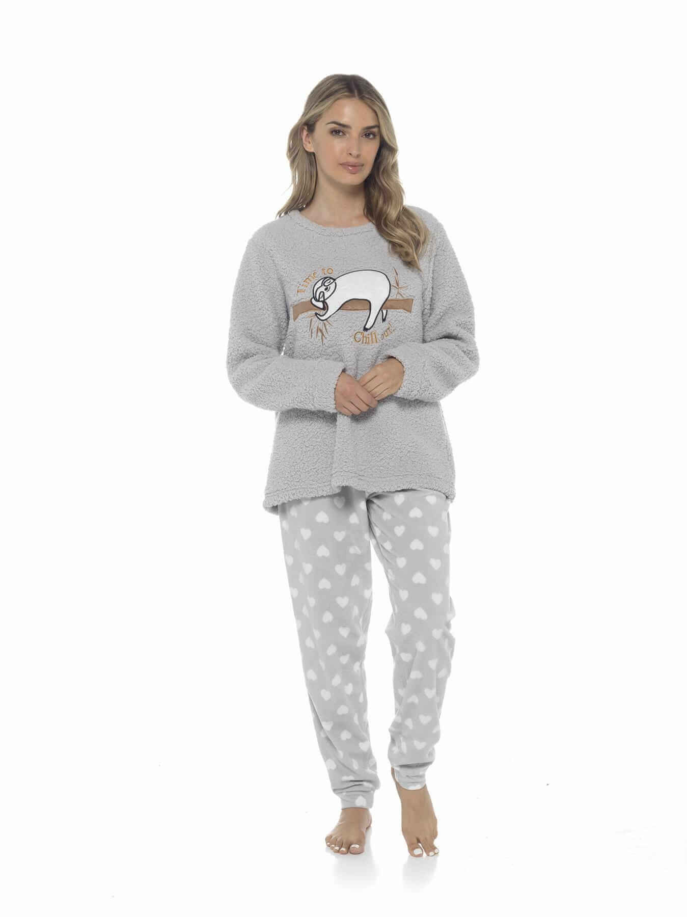 Women's Cozy Sloth Teddy Fleece Pyjama Set Super Soft Warm Loungewear Sleepwear with Trendy Design and Comfortable Fit Pants Perfect for Cold Nights Multiple Sizes by Daisy Dreamer