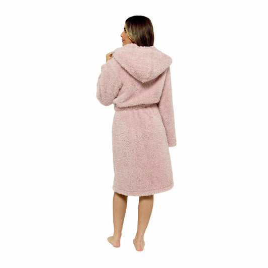 Women's Dusky Pink Teddy Fleece Hooded Robe Ultra Soft Cozy Bathrobe Winter Loungewear Pajamas for Ladies by Daisy Dreamer
