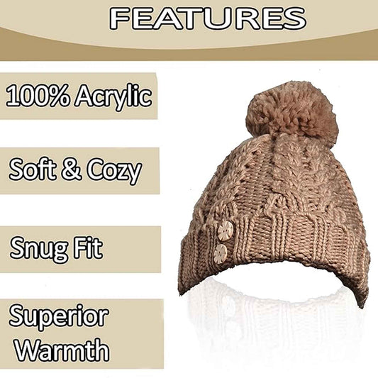 Women's Hand-Knitted Winter Hat Scarf and Hand Warmer Set with Inga Button Design Luxurious Acrylic Adjustable Fit Elegant Brown and Cream by Sock Stack