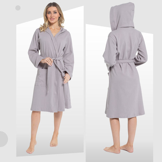 Women's Hooded Waffle Cotton Bathrobe Grey Super Absorbent Spa Dressing Gown for Home Lounge & Travel by Daisy Dreamer