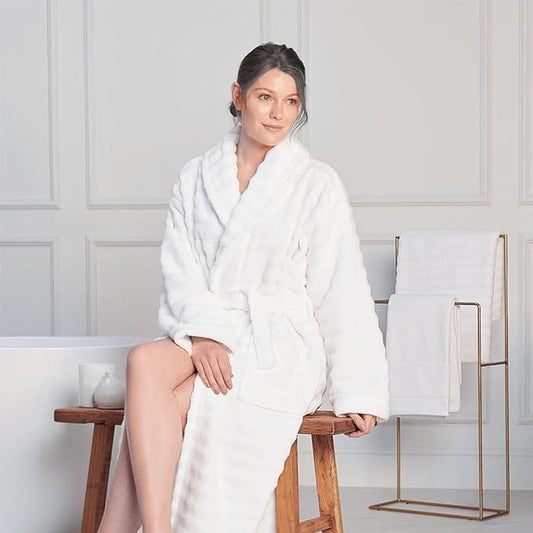Women's Hydro Ribbed Ultra Soft 100% Cotton Hooded Bath Robes with Pockets and Belt Luxury Terry Towelling Loungewear Sleepwear in White and Grey by OLIVIA ROCCO