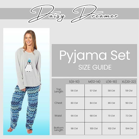 Women's Penguin Thermal Fleece Pyjamas Set Soft Warm Winter PJs Animal Print Loungewear Sleepwear Long Sleeve Top and Bottom by Daisy Dreamer
