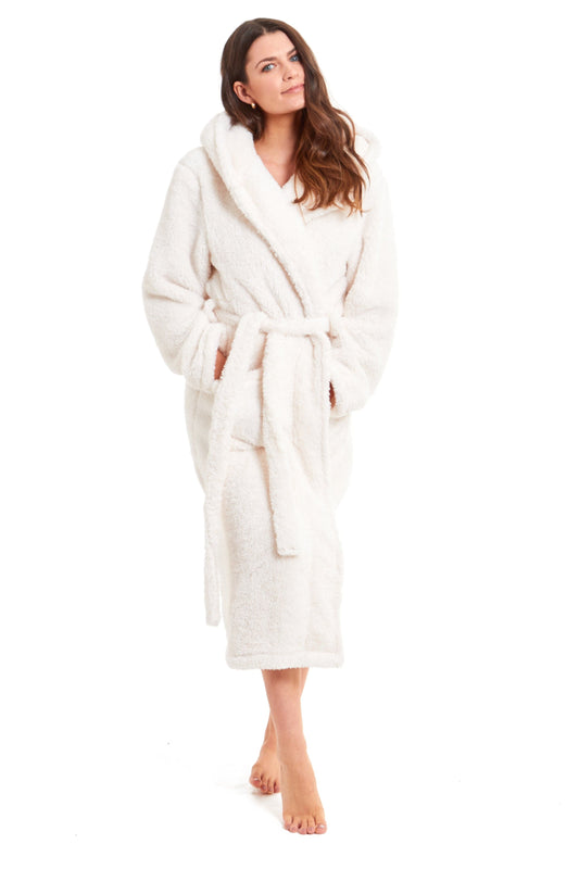 Women's Cream Snuggle Fleece Touch Hooded Robe Luxurious Soft Loungewear Cosy Durable Dressing Gown UK Sizes 8-22 by Daisy Dreamer