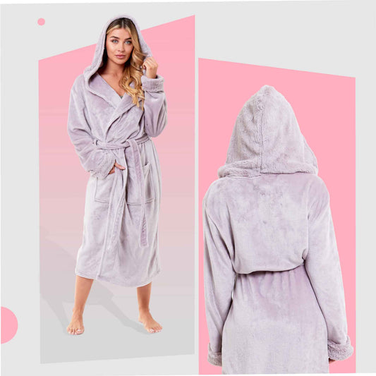 Women's Super Soft Plush Fleece Faux Fur Hooded Robe Luxurious Loungewear Bathrobe for Spa Hotel Home Pink Grey Sizes S-XL by Daisy Dreamer