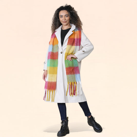 Women’s Yellow Burgundy Chunky Knit Bright Plaid Blanket Scarf Long Winter Wrap Warm Check Shawl with Tassels Gift for Ladies by Daisy Dreamer