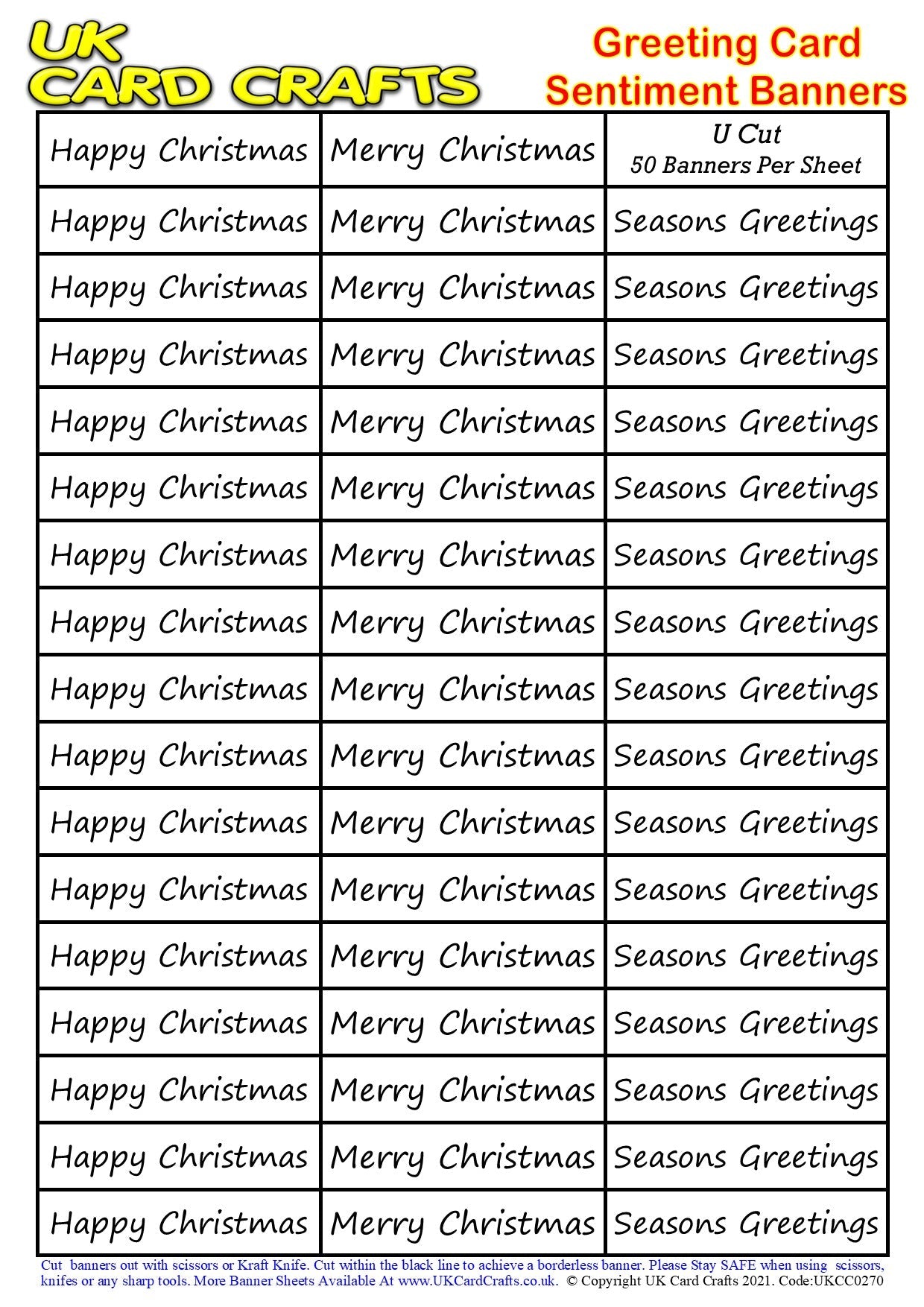 5 x A4 Sheets – 250 Christmas Sentiment Banners – U Cut by UK Card Crafts