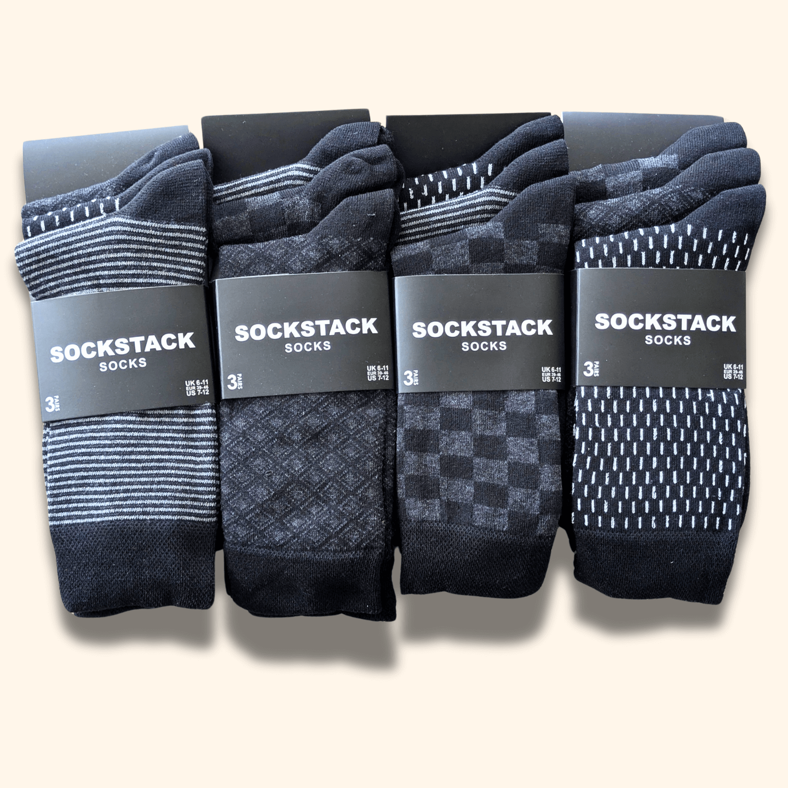 Sock Stack Mens Socks 12 Pairs Cotton Colorful Heel Toe Black Argyle Diamond Easycare