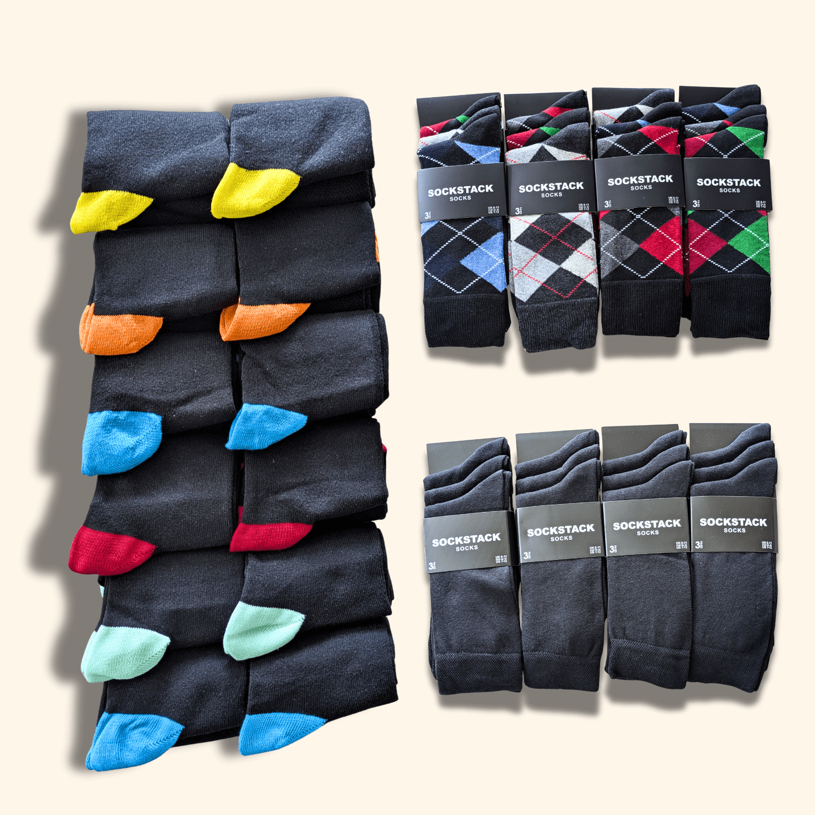 Sock Stack Mens Socks 12 Pairs Cotton Colorful Heel Toe Black Argyle Diamond Easycare Comfortable UK 6 11 Argyle Diamond Pattern