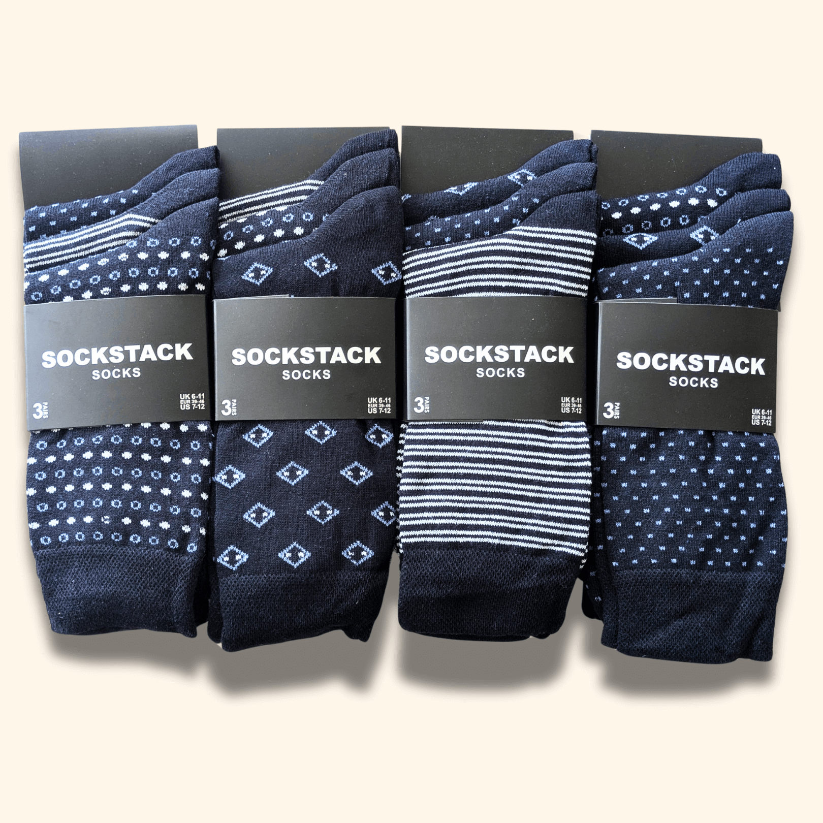 Sock Stack Mens Socks 12 Pairs Cotton Colorful Heel Toe Black Argyle Diamond Easycare