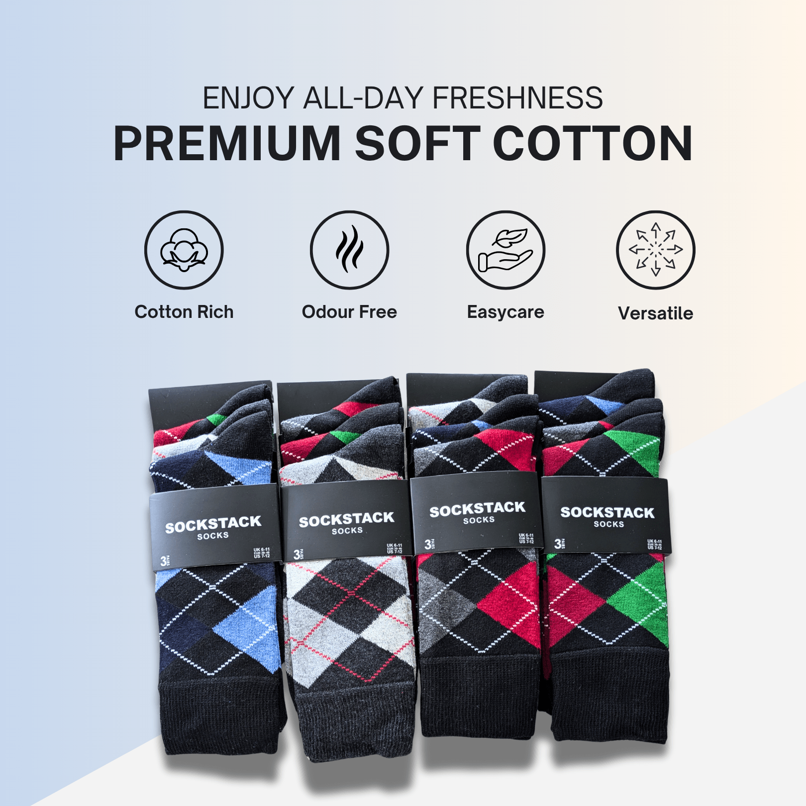 Sock Stack Mens Socks 12 Pairs Cotton Colorful Heel Toe Black Argyle Diamond Easycare Comfortable UK 6 11 Argyle Diamond Pattern