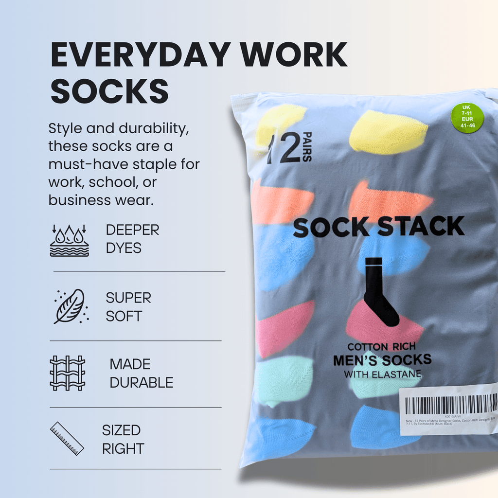 Sock Stack Mens Socks 12 Pairs Cotton Colorful Heel Toe Black Argyle Diamond Easycare Comfortable UK 6 11 Argyle Diamond Pattern