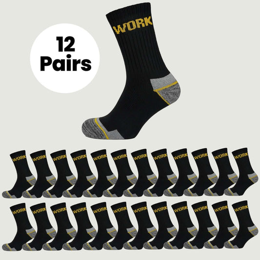 12 Pairs Mens Heavy Duty Work Socks Cushion Sole Reinforced Toe Heel Durable Black Boot Sock for Construction Outdoor Jobs Walking Sizes UK 6-11 EUR 39-45 by Sock Stack
