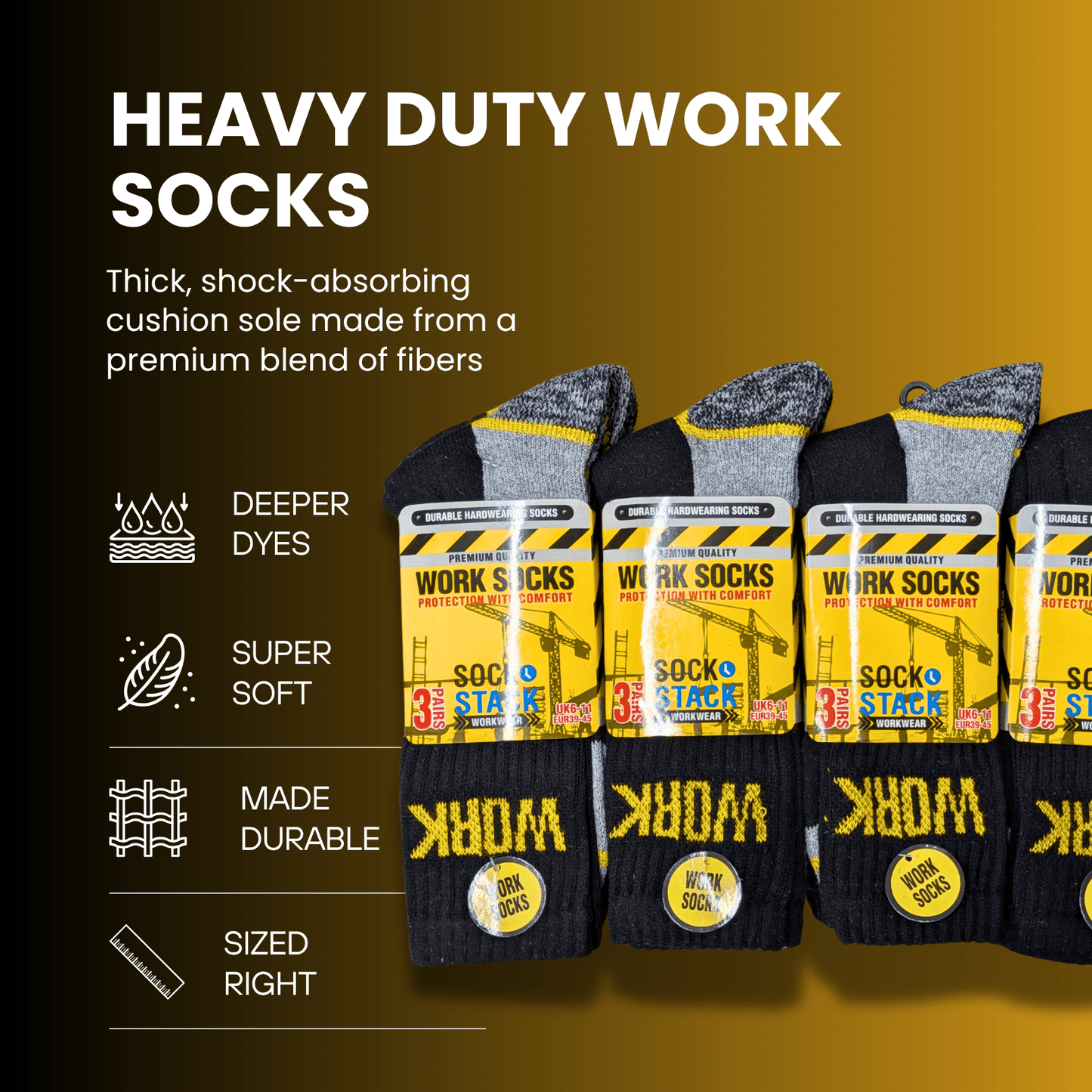 12 Pairs Mens Heavy Duty Work Socks Cushion Sole Reinforced Toe Heel Durable Black Boot Sock for Construction Outdoor Jobs Walking Sizes UK 6-11 EUR 39-45 by Sock Stack