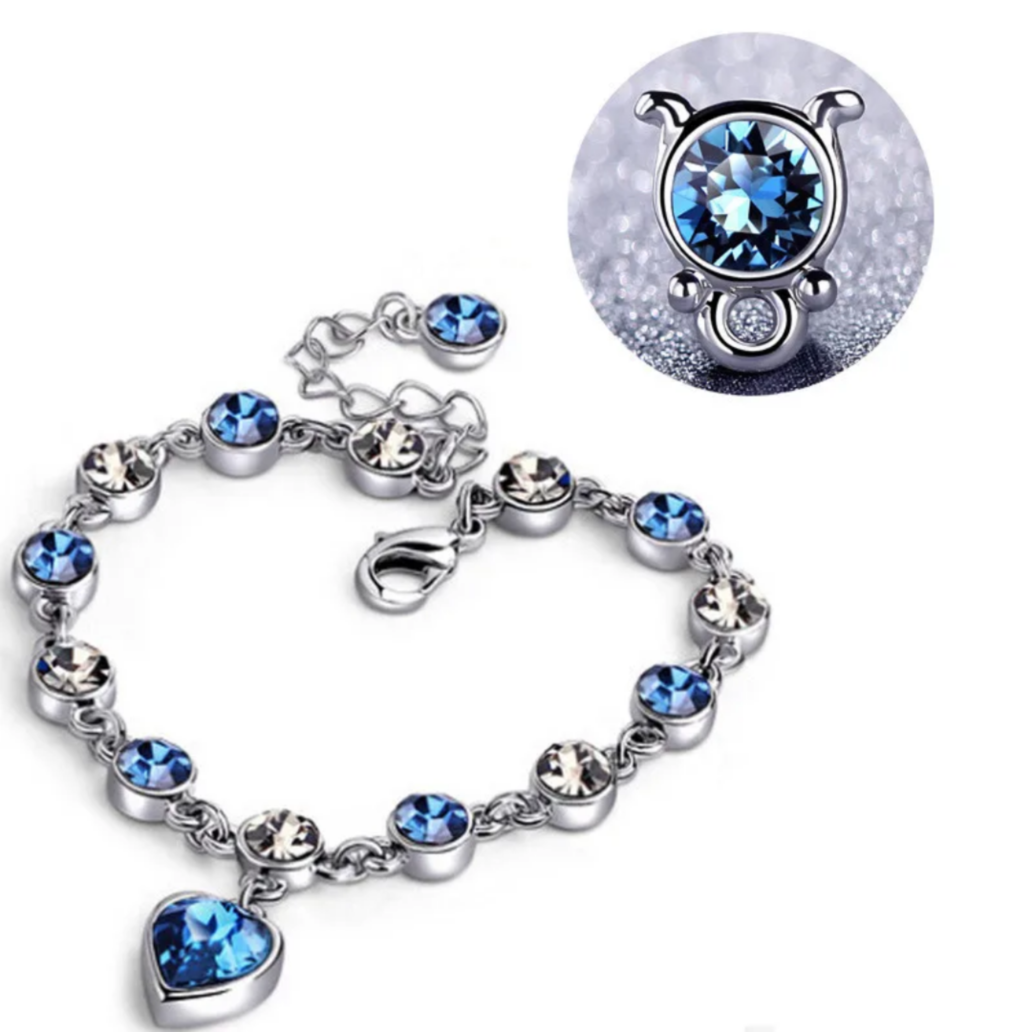 Women’s Silver Bracelet with Blue Heart Crystal Charm – Elegant Jewelry Gift for Her
