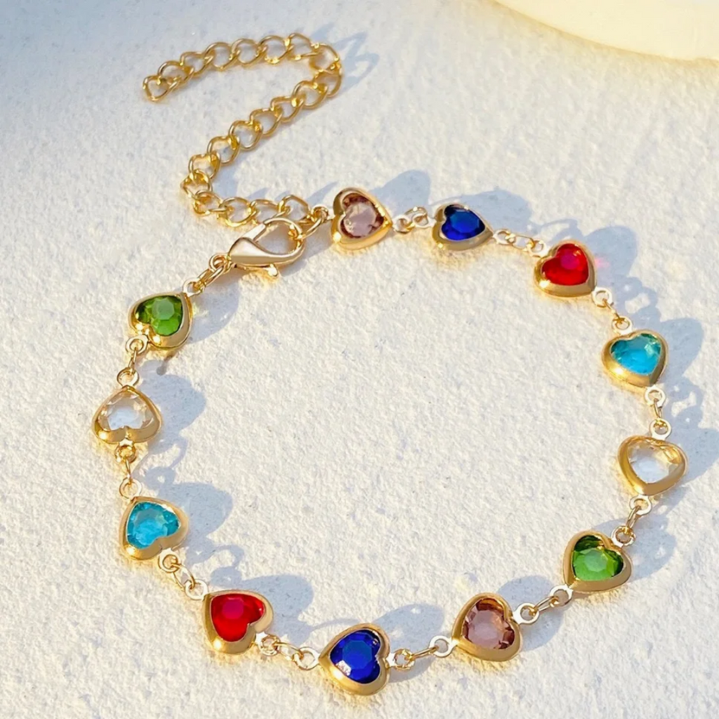 Prismatic Heart Crystal Bracelet – Multicolor Sparkle Jewelry, Adjustable Romantic Gift for Women & Teens