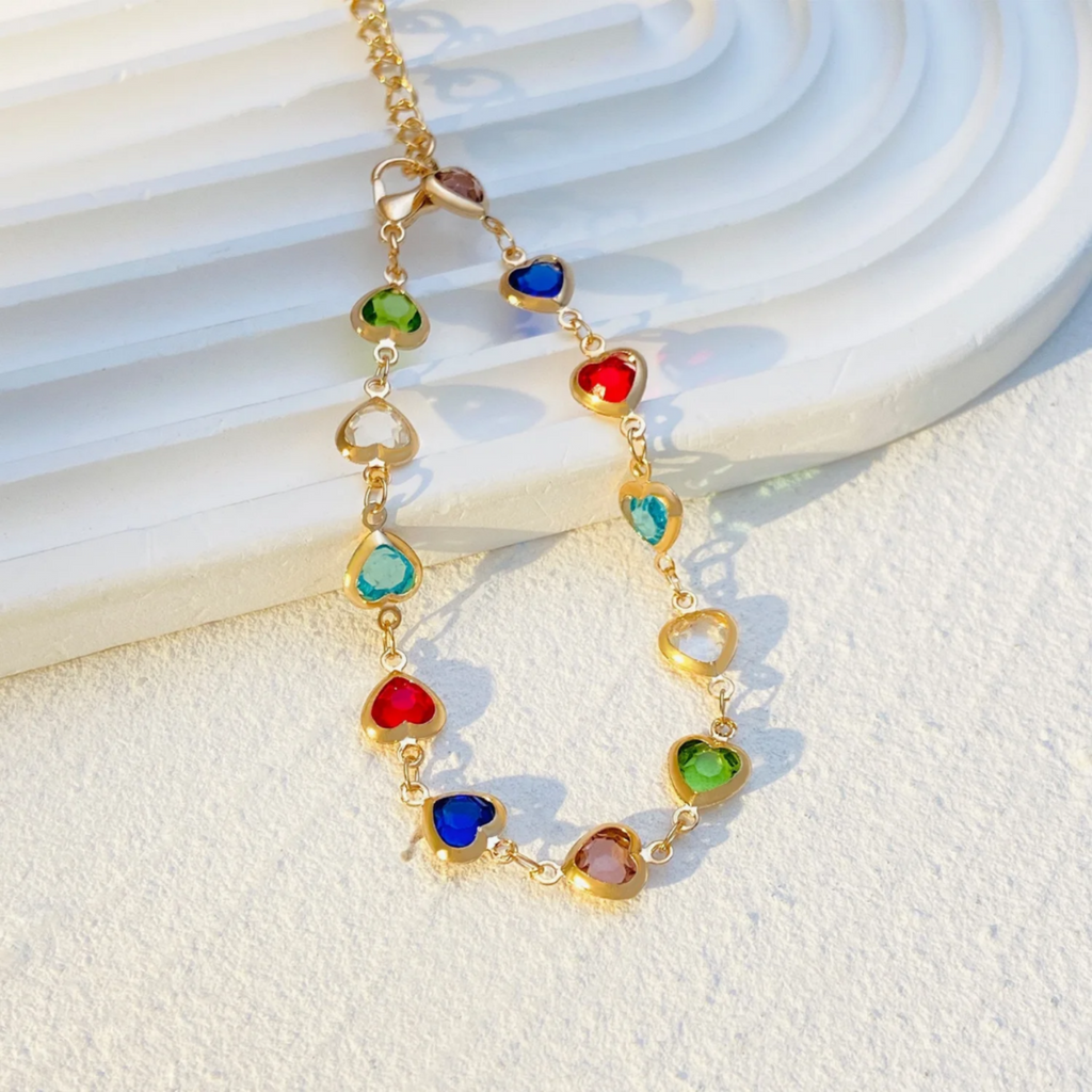 Prismatic Heart Crystal Bracelet – Multicolor Sparkle Jewelry, Adjustable Romantic Gift for Women & Teens