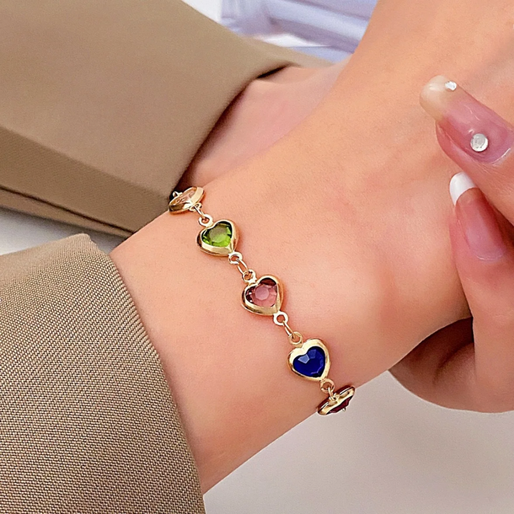 Prismatic Heart Crystal Bracelet – Multicolor Sparkle Jewelry, Adjustable Romantic Gift for Women & Teens