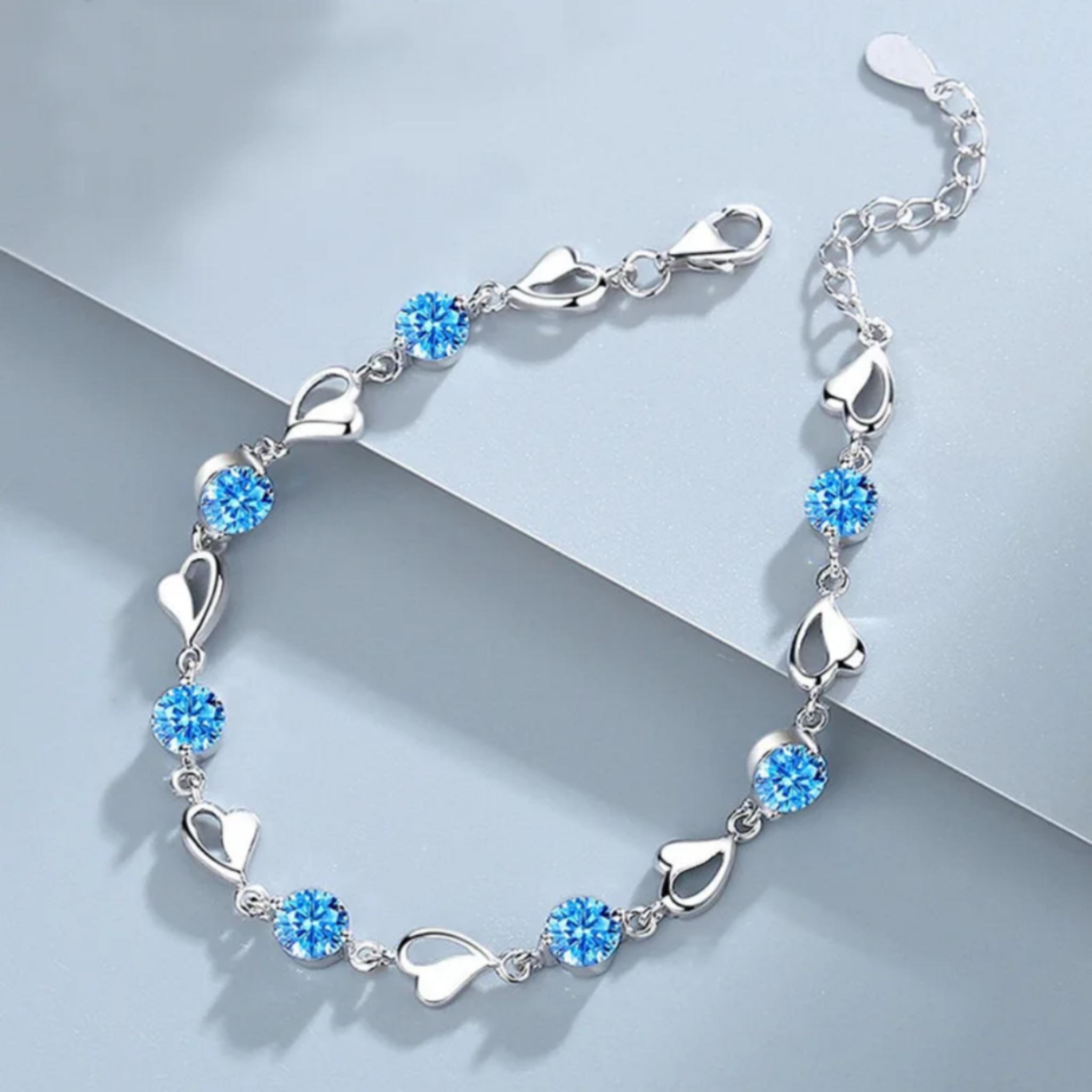Elegant Silver Heart Bracelet – Sparkling Blue Crystal Charm Jewelry, Adjustable Gift for Women & Teens