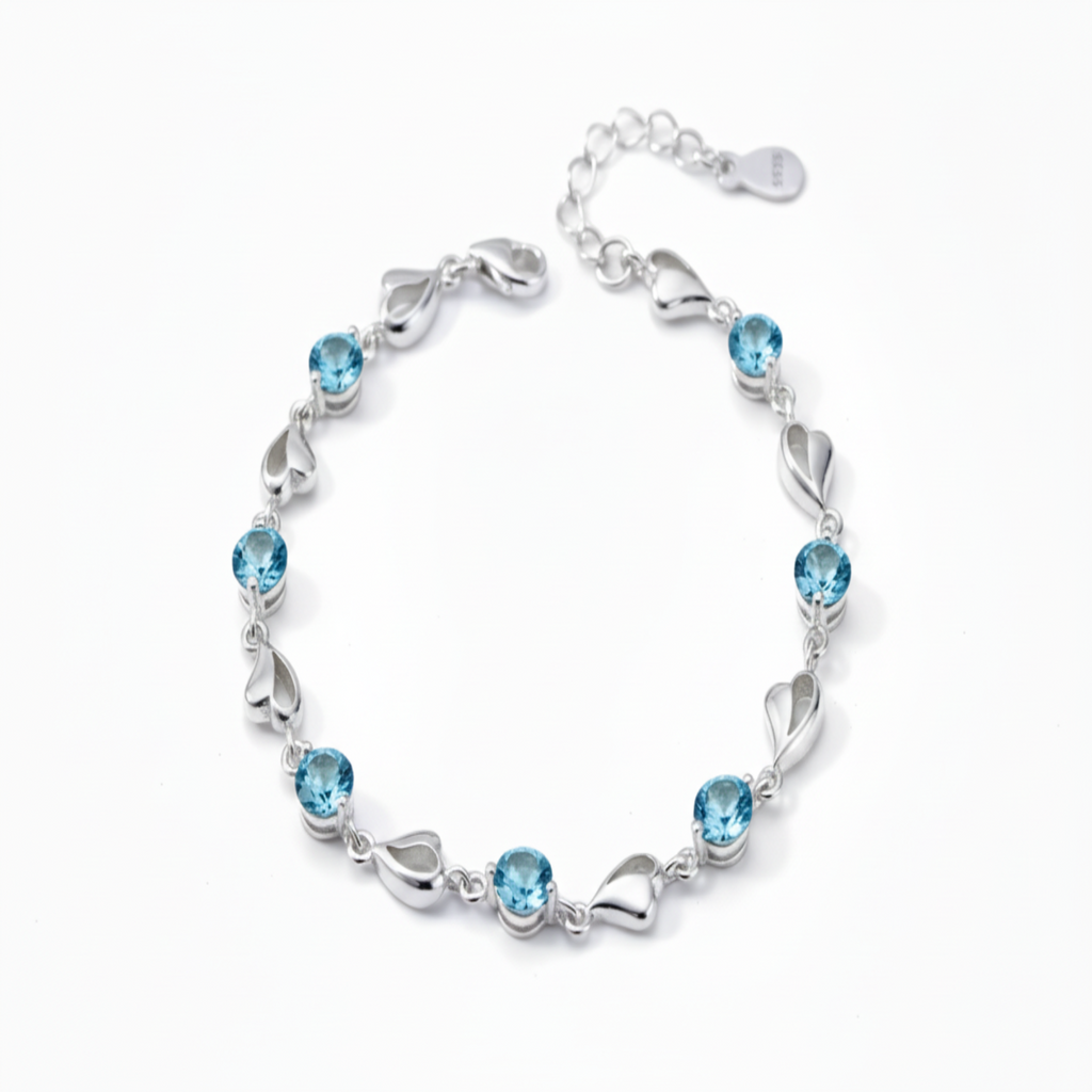 Elegant Silver Heart Bracelet – Sparkling Blue Crystal Charm Jewelry, Adjustable Gift for Women & Teens