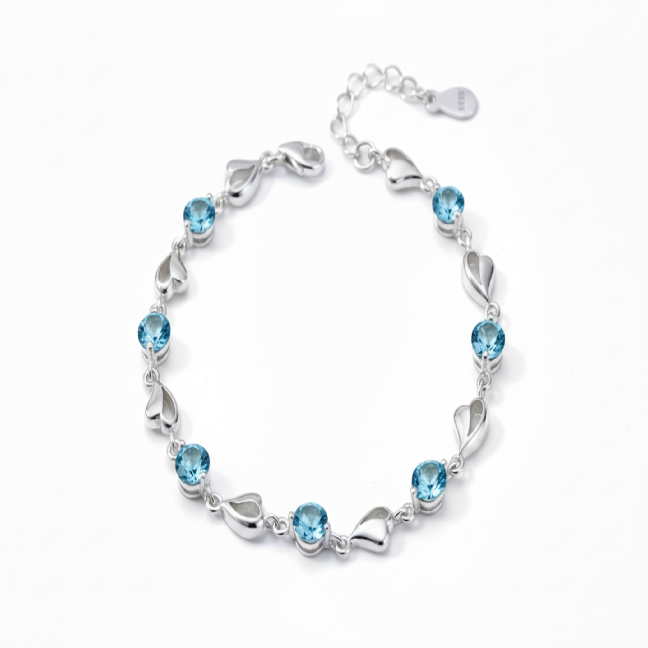Elegant Silver Heart Bracelet – Sparkling Blue Crystal Charm Jewelry, Adjustable Gift for Women & Teens