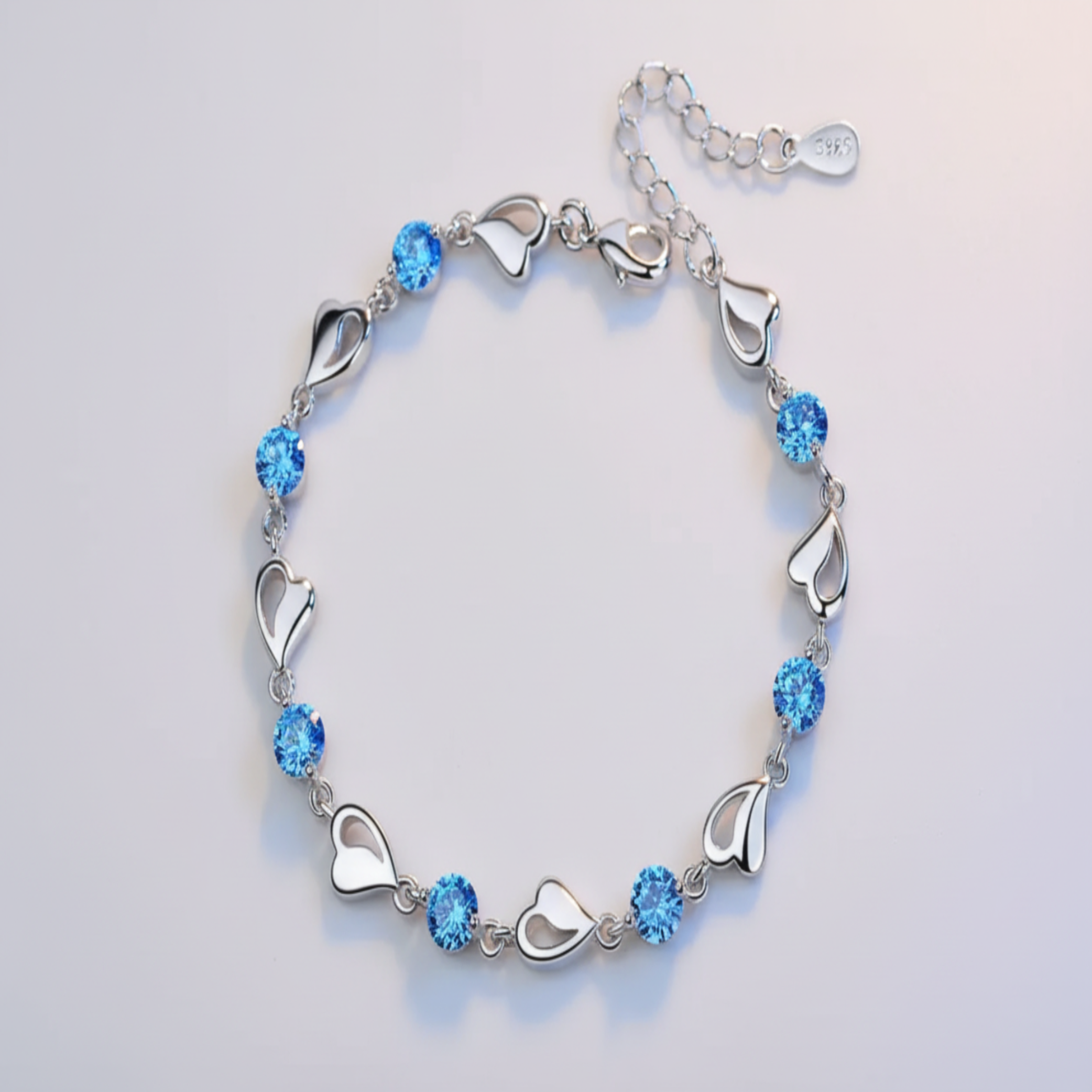 Elegant Silver Heart Bracelet – Sparkling Blue Crystal Charm Jewelry, Adjustable Gift for Women & Teens