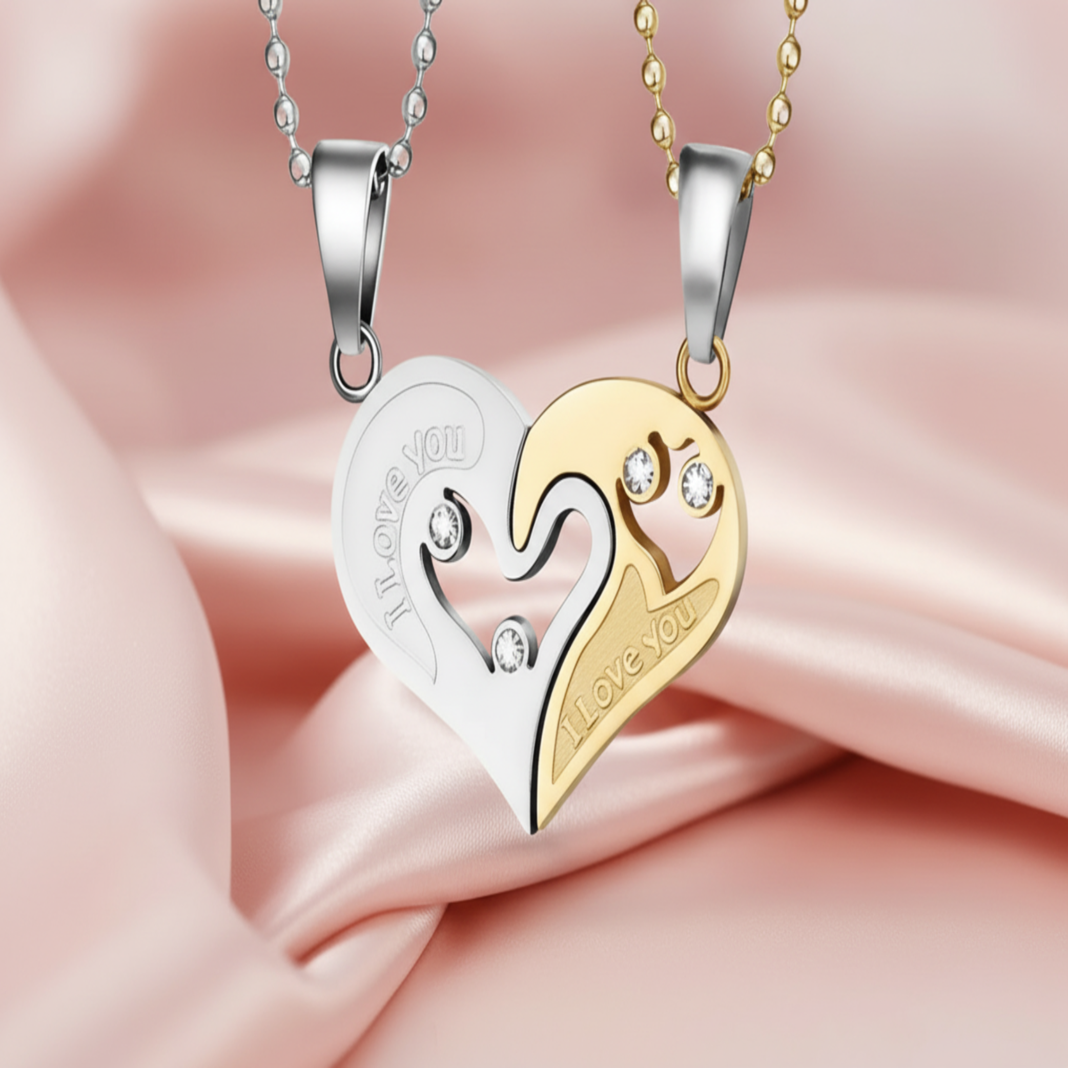 Magnetic Heart Couple Necklaces – “I Love You” Matching Pendant Set in Gold & Silver, Romantic Gift for Couples