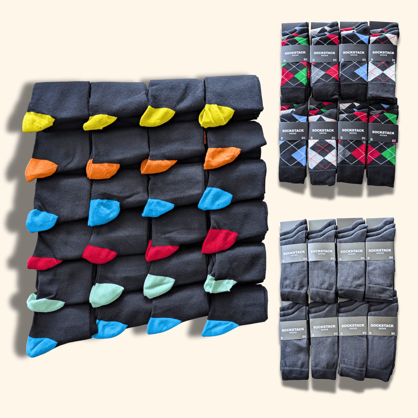 24 Pairs Men's Soft Cotton Colourful Heel Toe Black Argyle Diamond Easycare Comfortable Shoe Socks Flat Toe Seam Durable Work School Business Wear UK 6-11 by Sock Stack