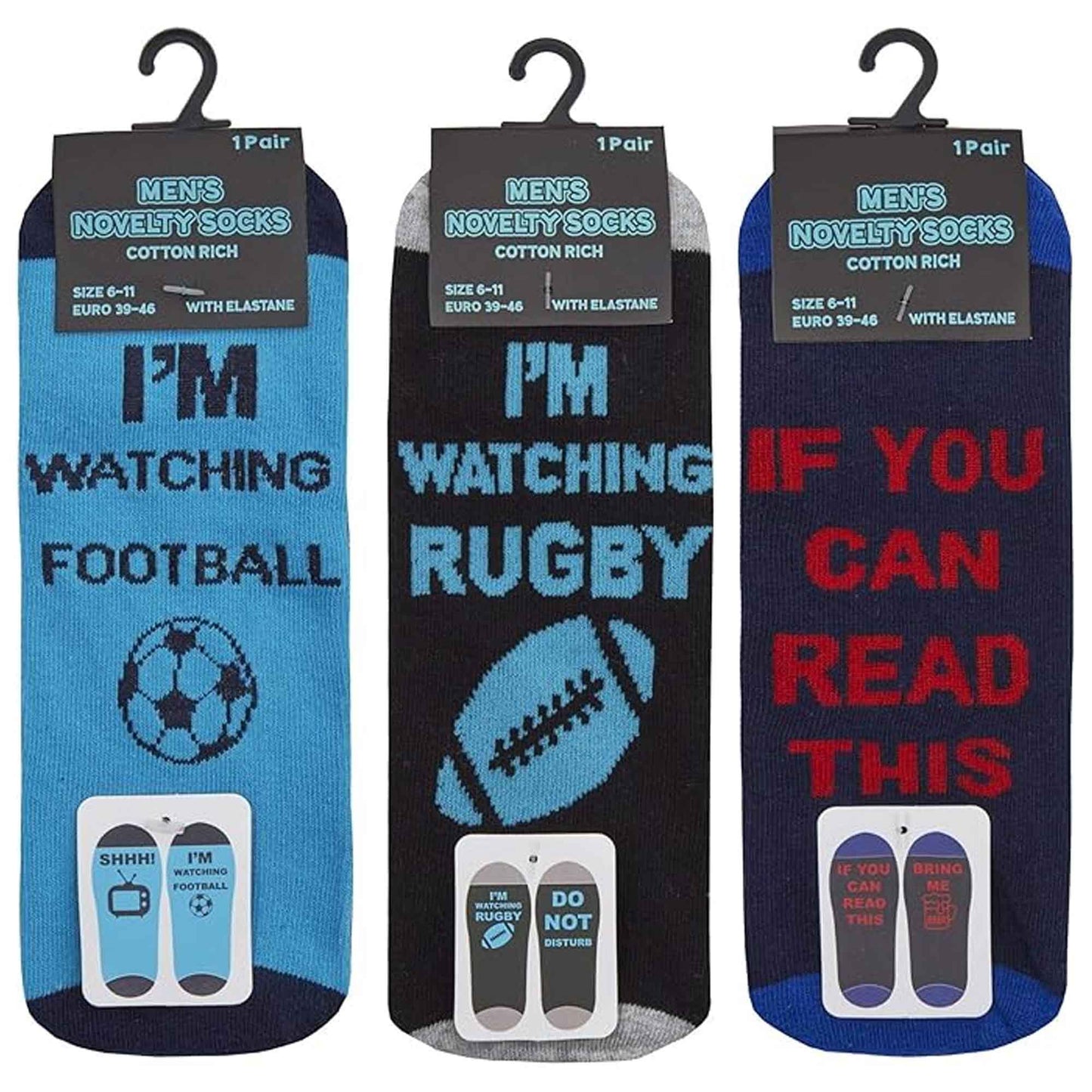3 Pack Mens Novelty Slogan Socks Reinforced Heel Toe Cushioned Footbed Football Rugby Durable Cotton Assorted Styles Sock Stack