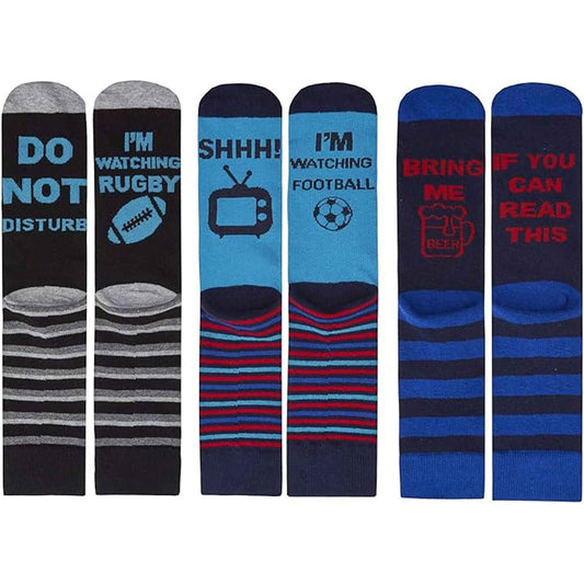 3 Pack Mens Novelty Slogan Socks Reinforced Heel Toe Cushioned Footbed Football Rugby Durable Cotton Assorted Styles Sock Stack
