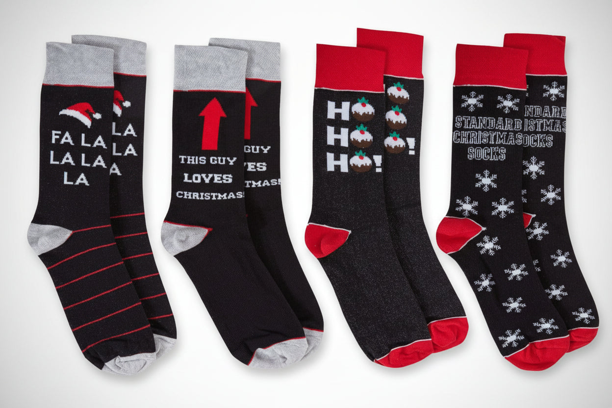 Sock Stack 4 Pack Mens Christmas Socks Cotton Rich Novelty Festive Designs UK 6-11 EUR