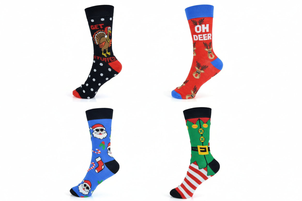 Sock Stack 4 Pack Mens Christmas Socks Cotton Rich Novelty Festive Designs UK 6-11 EUR